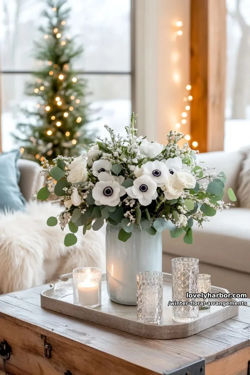 snowy white anemones with silver dollar eucalyptus in frosted glass vase 1