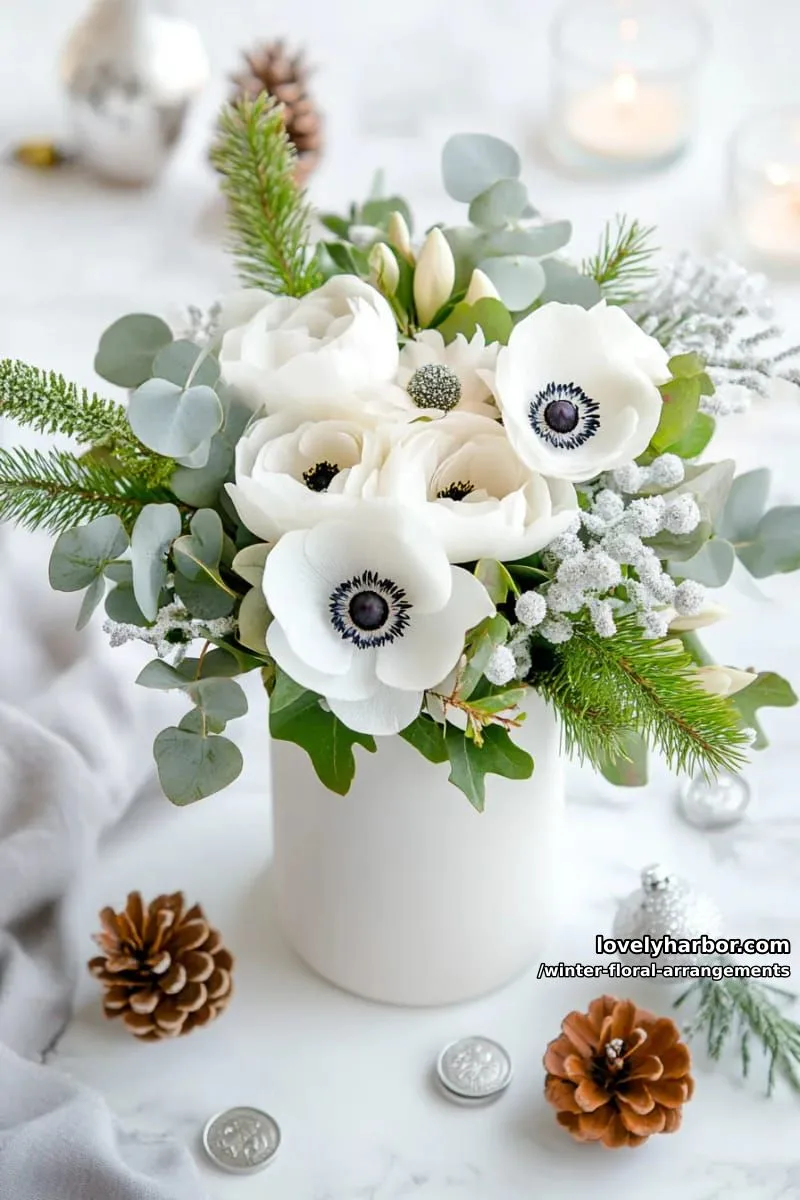snowy white anemones with silver dollar eucalyptus in frosted glass vase 1