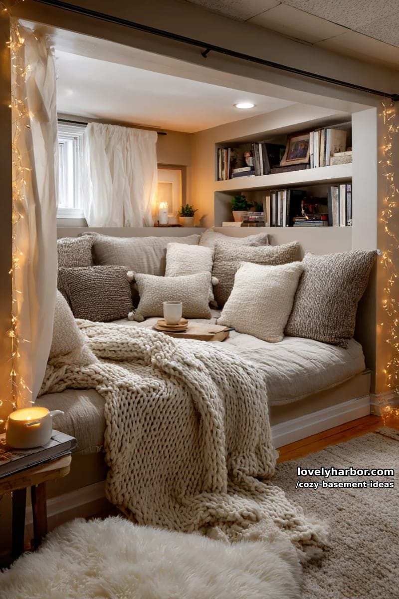 snuggly basement bed alcove surrounded by twinkle lights and pillows 1