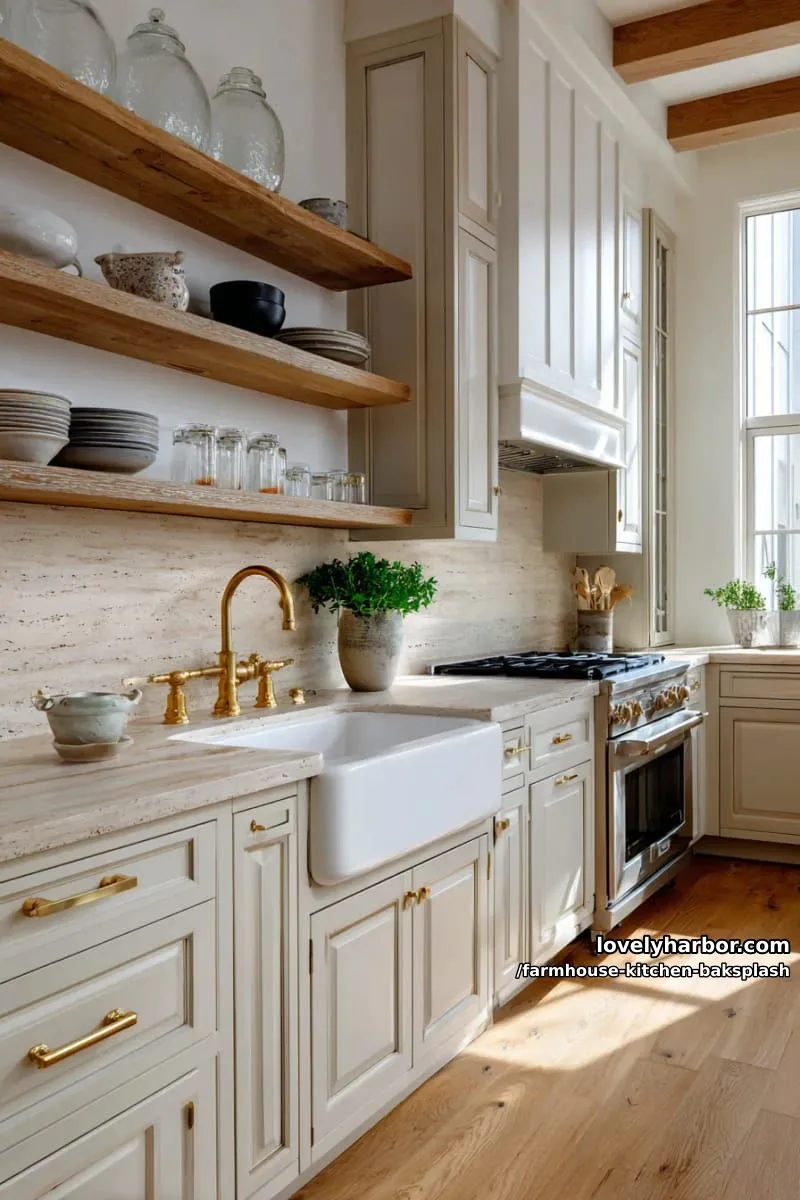 soft beige travertine backsplash and farmhouse kitchen cabinets with brass pulls 1