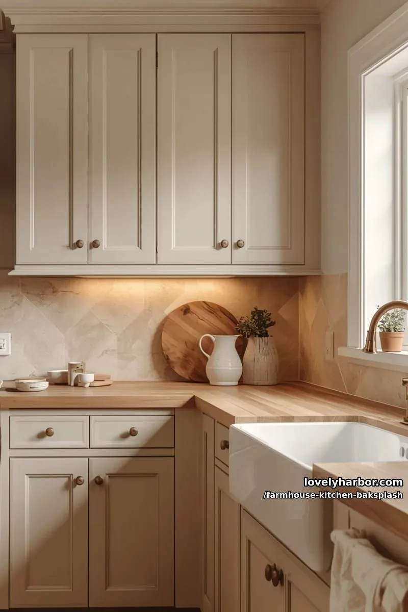 soft beige travertine backsplash and farmhouse kitchen cabinets with brass pulls 1