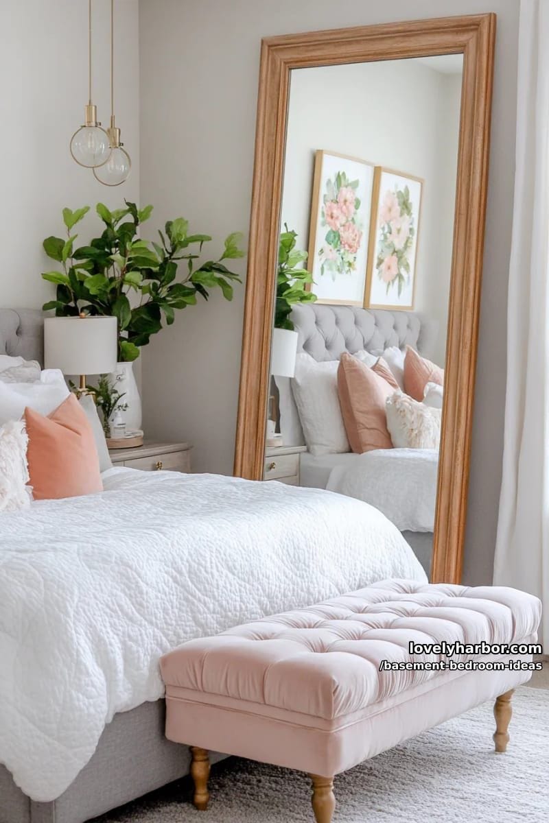 soft blush and gray palette with oversized floor mirror and floral art prints 1
