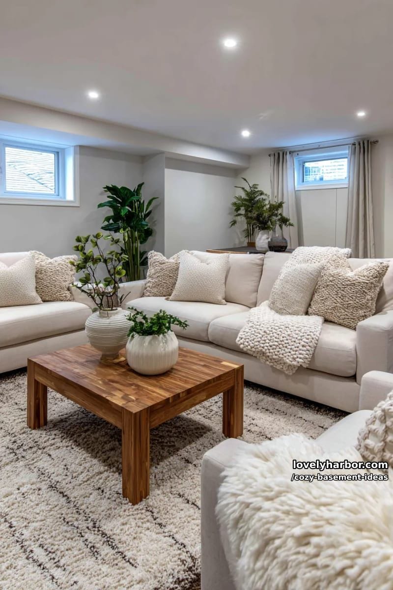 soft neutral palette lounge with fuzzy rugs and glowing recessed lighting 1