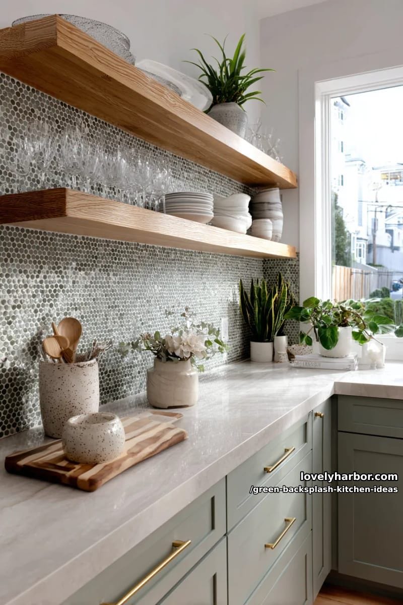 soft sage green penny round tiles with open shelving and potted plants. 1