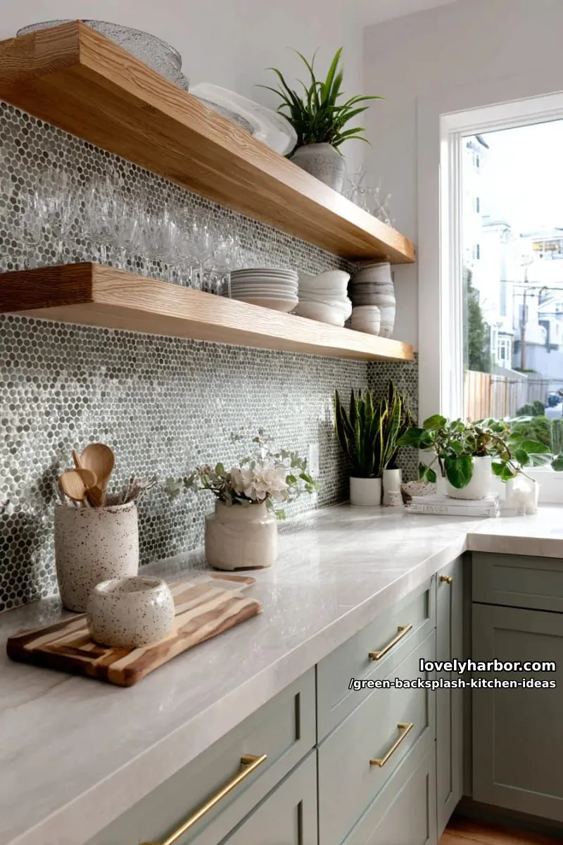 15 Green Backsplash Ideas for Modern Kitchens 35 soft sage green penny round tiles with open shelving and potted plants. 1