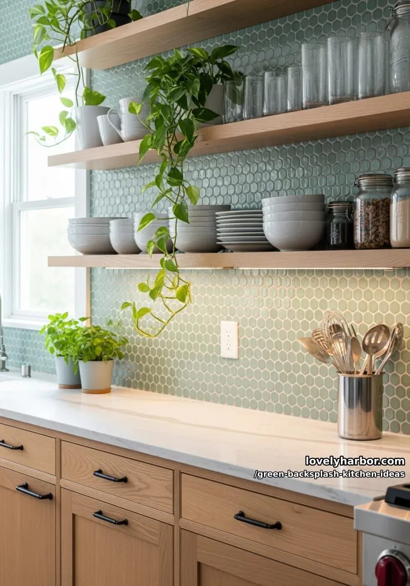 15 Green Backsplash Ideas for Modern Kitchens 36 soft sage green penny round tiles with open shelving and potted plants. 1