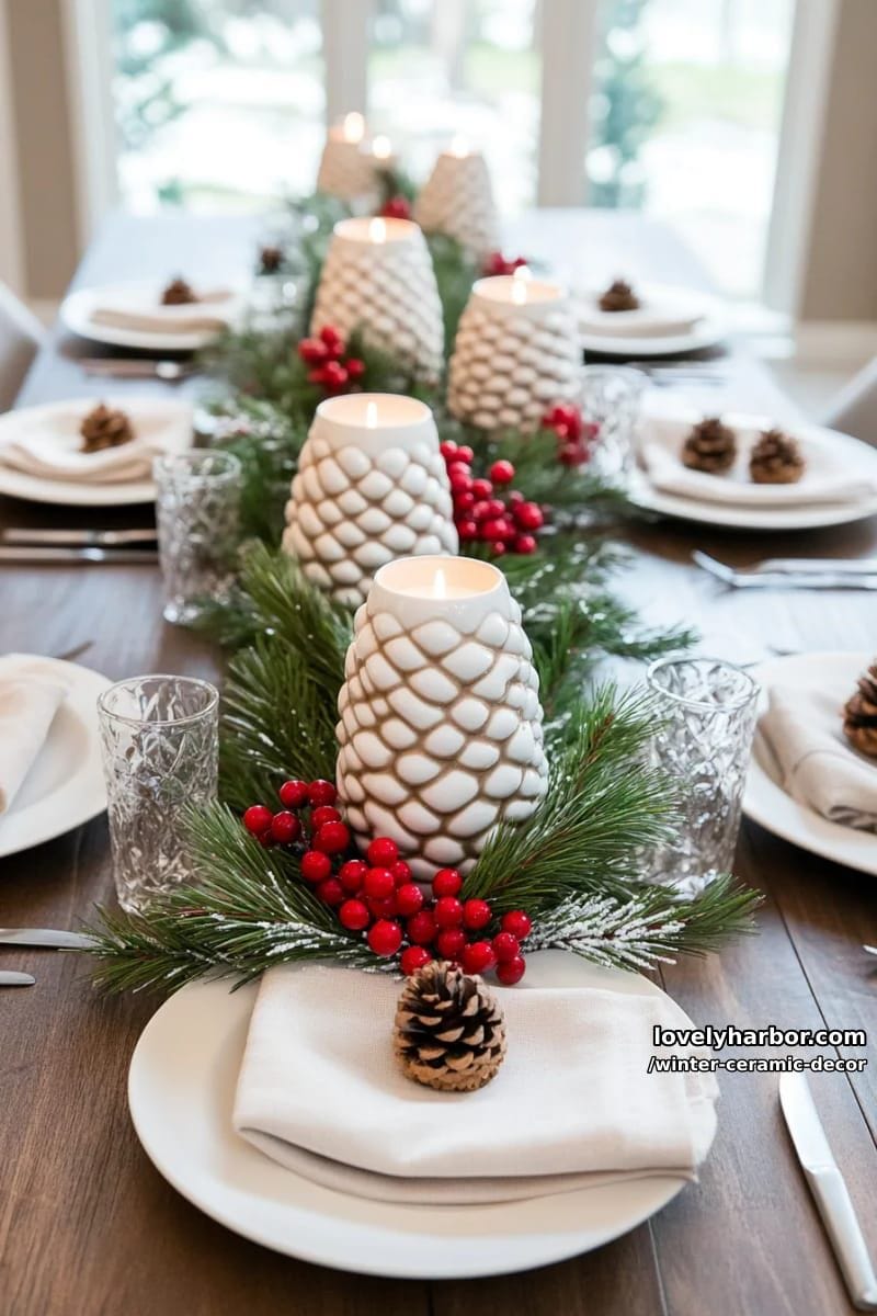 soft white ceramic pinecone candle holders for winter table styling 1