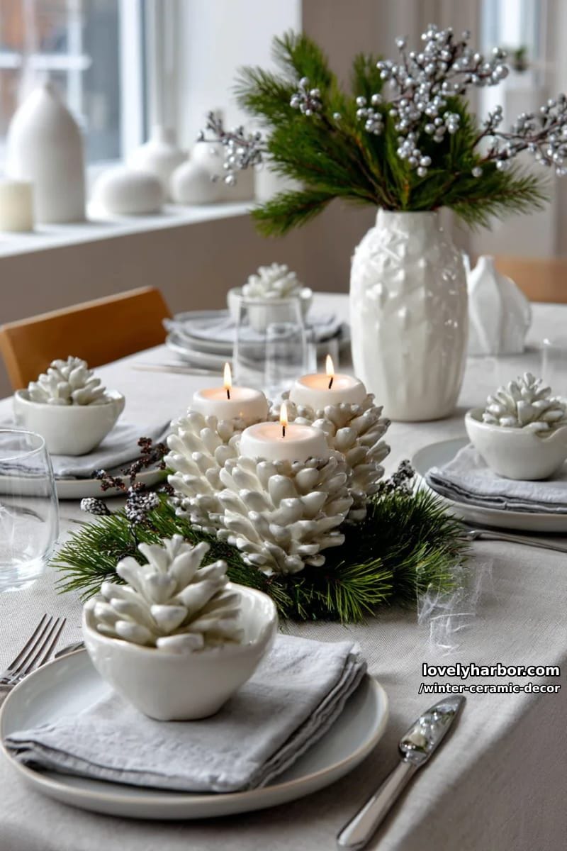 soft white ceramic pinecone candle holders for winter table styling 1