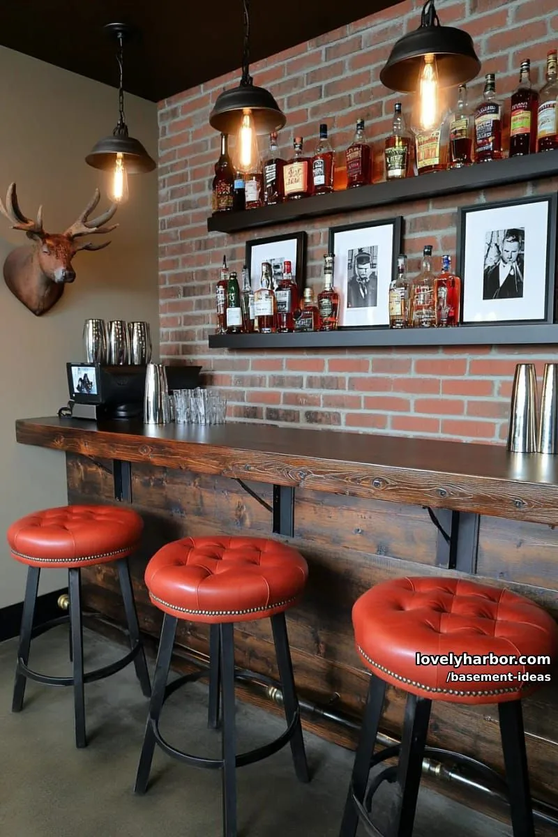 15 Creative Basement Design Ideas with Wow Factor 5 speakeasy-inspired basement bar with exposed brick and moody pendant lights. 1