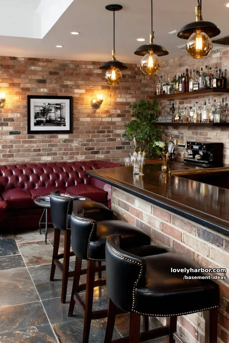 15 Creative Basement Design Ideas with Wow Factor 6 speakeasy-inspired basement bar with exposed brick and moody pendant lights. 1