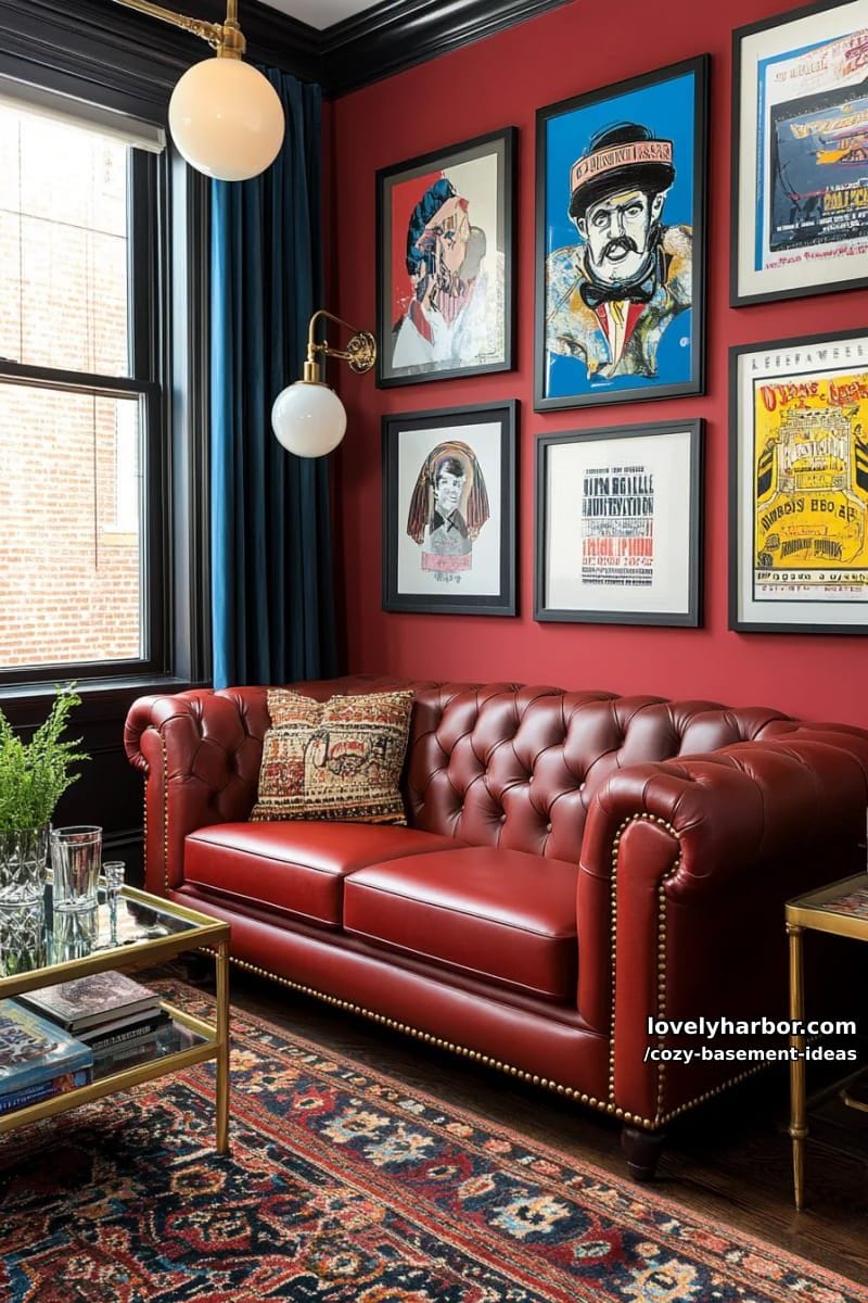 speakeasy-inspired lounge with velvet drapes, gold accents, and vintage posters 1