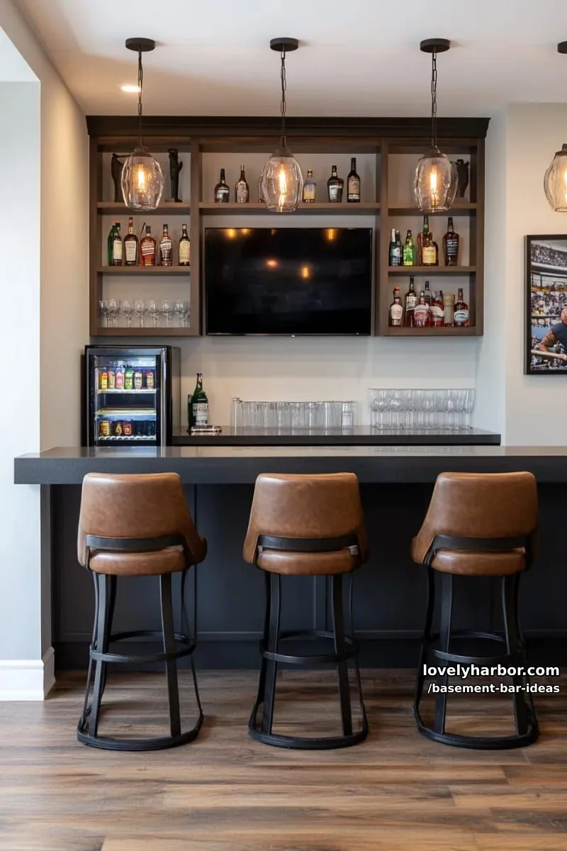 15 Modern Basement Bar Design Ideas for Comfy Entertaining 7 sports lounge basement bar featuring built-in tv wall, custom bar stools, and led accents 1