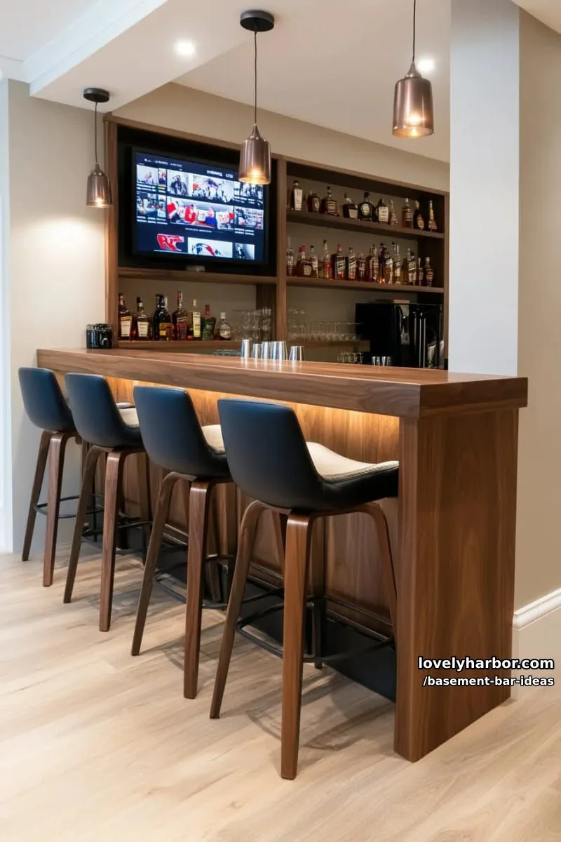 15 Modern Basement Bar Design Ideas for Comfy Entertaining 8 sports lounge basement bar featuring built-in tv wall, custom bar stools, and led accents 1