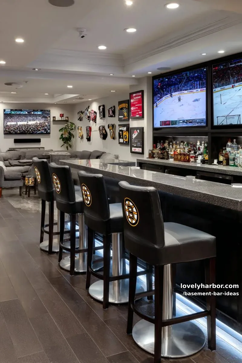 15 Modern Basement Bar Design Ideas for Comfy Entertaining 9 sports lounge basement bar featuring built-in tv wall, custom bar stools, and led accents 1