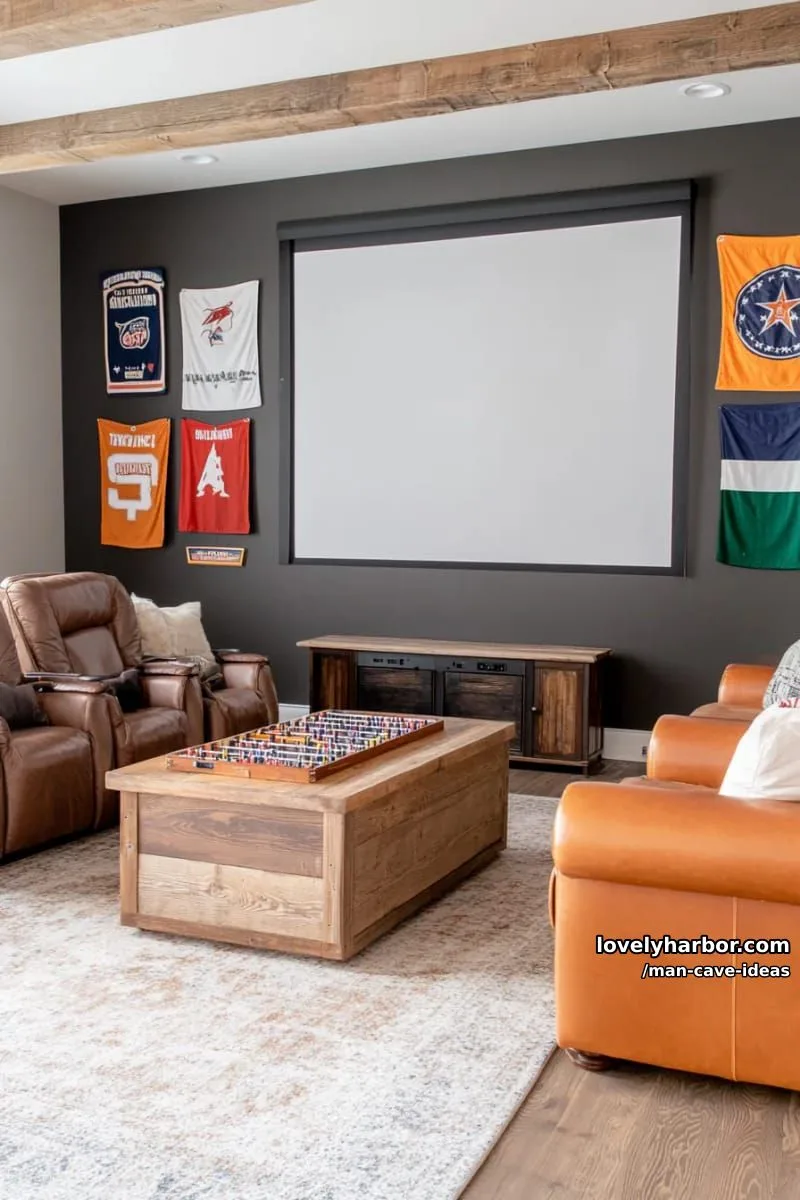15 Classy Man Cave Ideas to Personalize Your Space 7 sports memorabilia gallery wall surrounding a projector screen for ultimate game nights 1