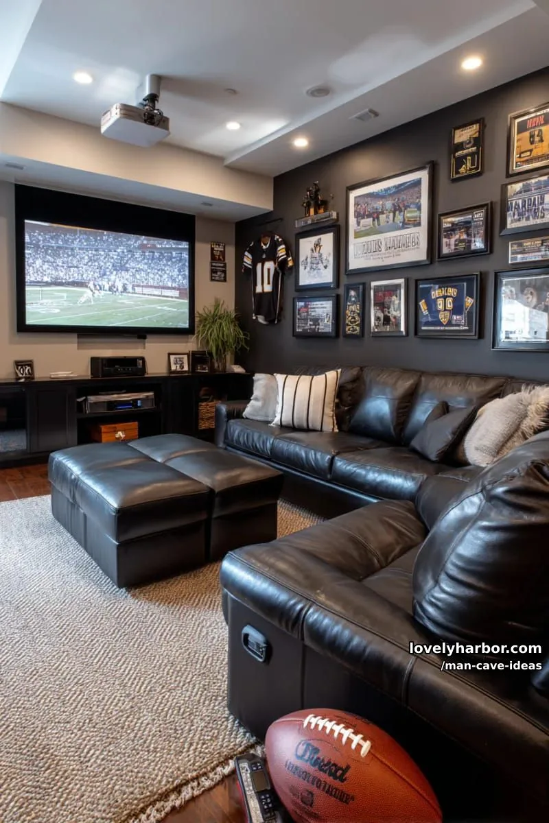 15 Classy Man Cave Ideas to Personalize Your Space 8 sports memorabilia gallery wall surrounding a projector screen for ultimate game nights 1