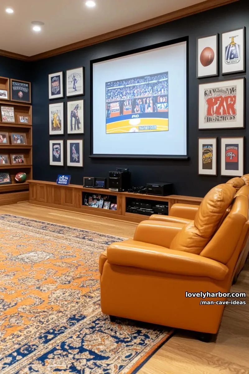 15 Classy Man Cave Ideas to Personalize Your Space 9 sports memorabilia gallery wall surrounding a projector screen for ultimate game nights 1