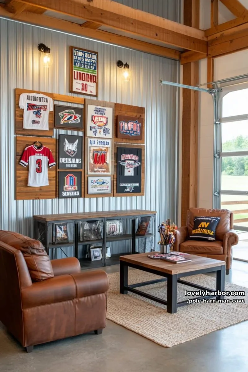sports memorabilia gallery wall with custom barn wood display cases 1