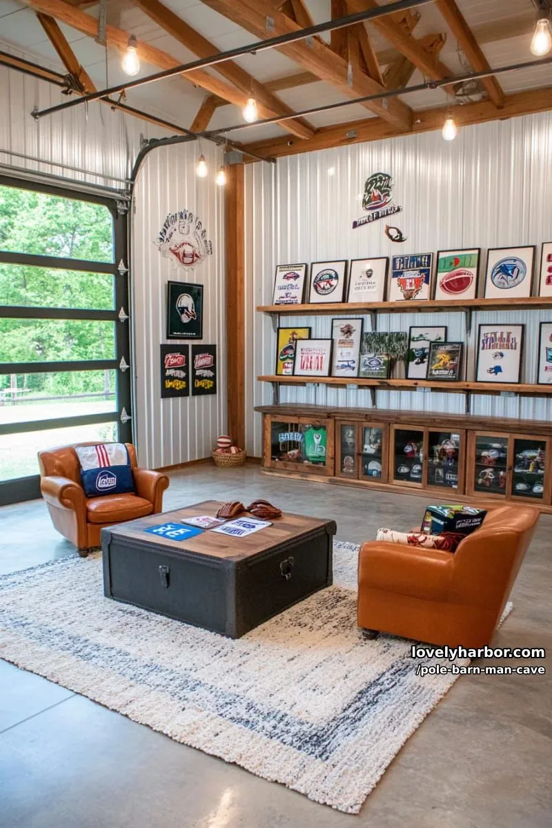 sports memorabilia gallery wall with custom barn wood display cases 1