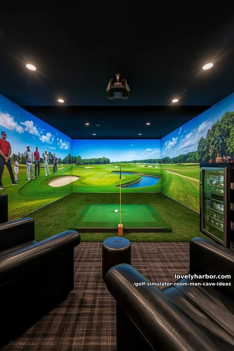 sports-themed mural wall surrounding golf simulator for immersive gameplay 1