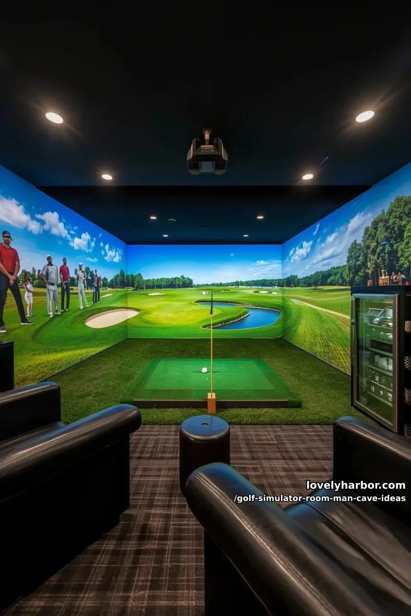 15 Cool Man Cave with Golf Simulator Room 19 sports-themed mural wall surrounding golf simulator for immersive gameplay 1