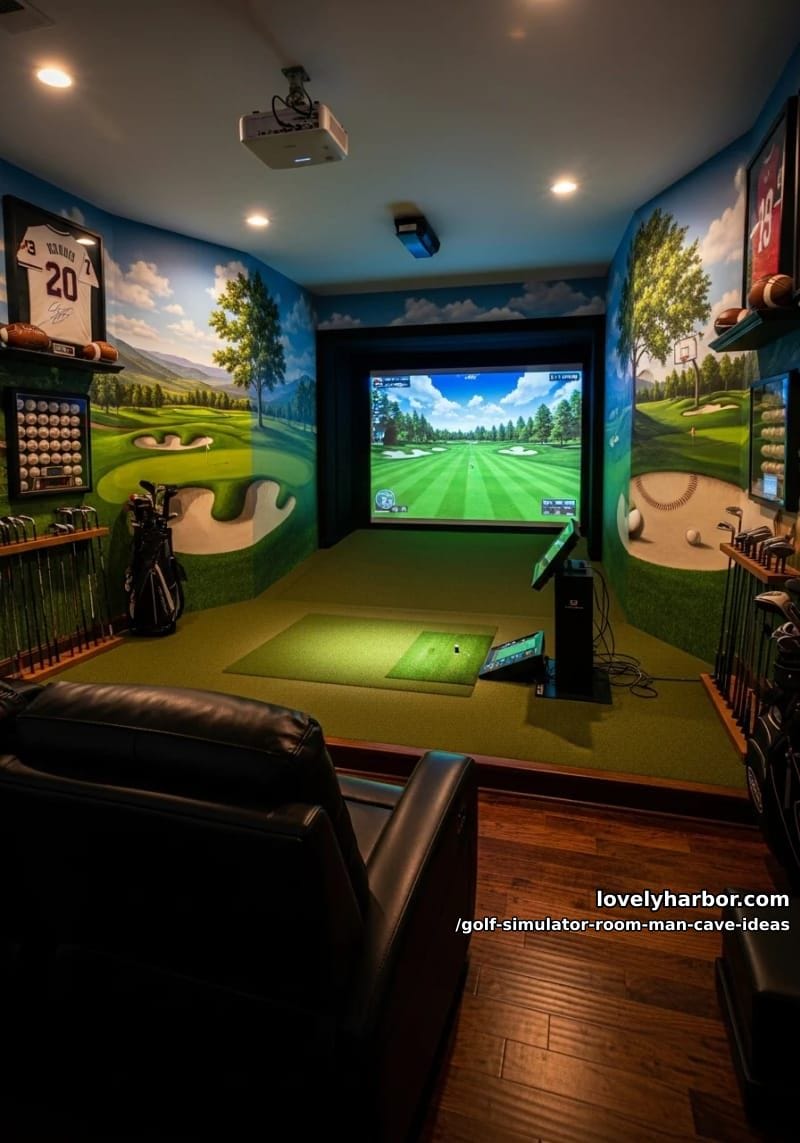 sports-themed mural wall surrounding golf simulator for immersive gameplay 1