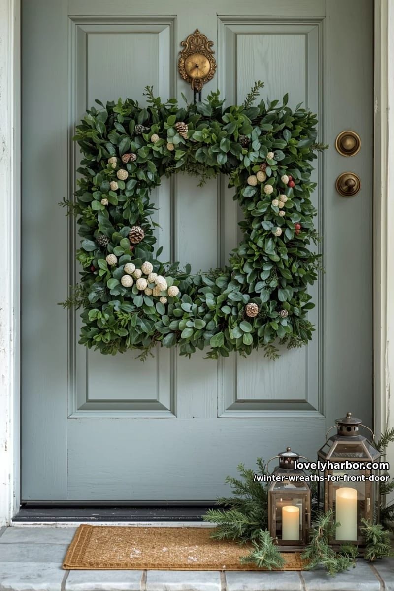 square boxwood wreath with vintage brass door hanger 1