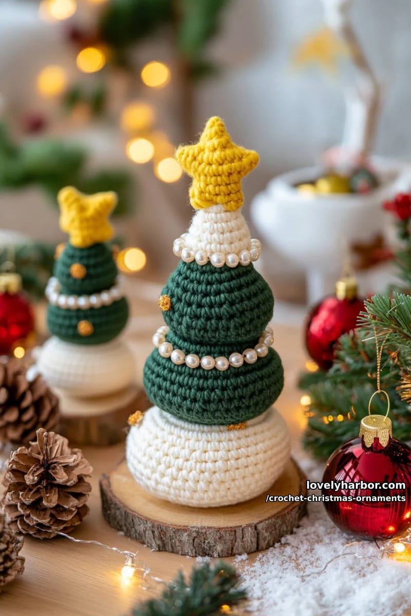 stacked spiral christmas trees with pearl bead garlands and felt star toppers 1