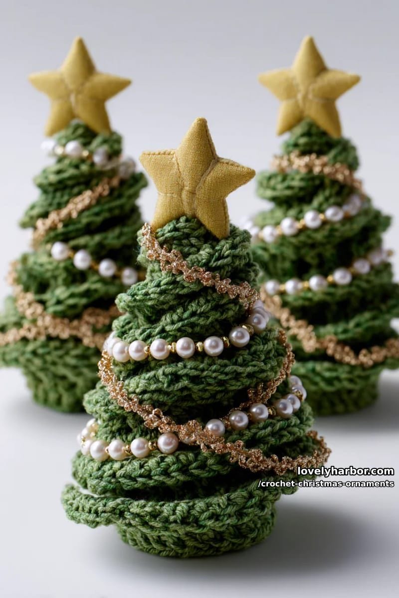 stacked spiral christmas trees with pearl bead garlands and felt star toppers 1