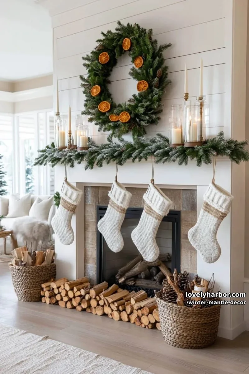 15 Stylish Winter Mantel Looks to Elevate Your Home 23 statement oversized wreath above mantle with frosted tips and dried oranges. 1