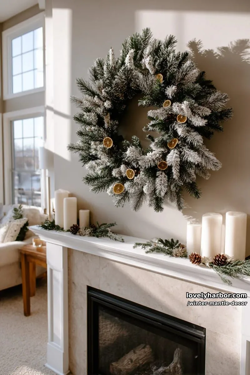 15 Stylish Winter Mantel Looks to Elevate Your Home 24 statement oversized wreath above mantle with frosted tips and dried oranges. 1