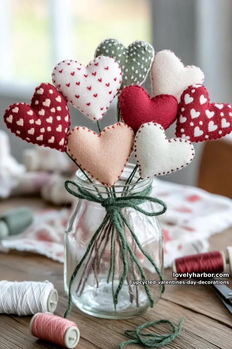 stitched felt heart bouquet using leftover fabric and wire stems 1