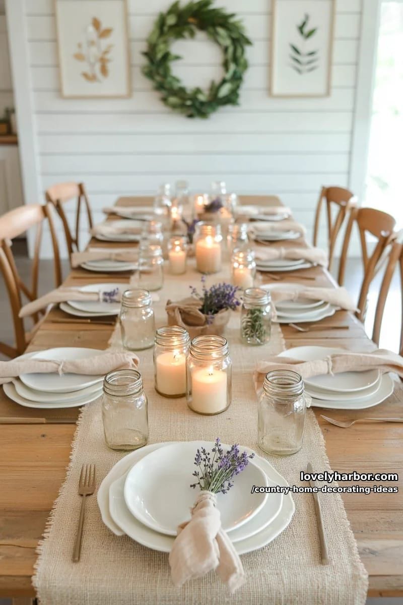 style a dining table with burlap runners and mason jar candle centerpieces. 1