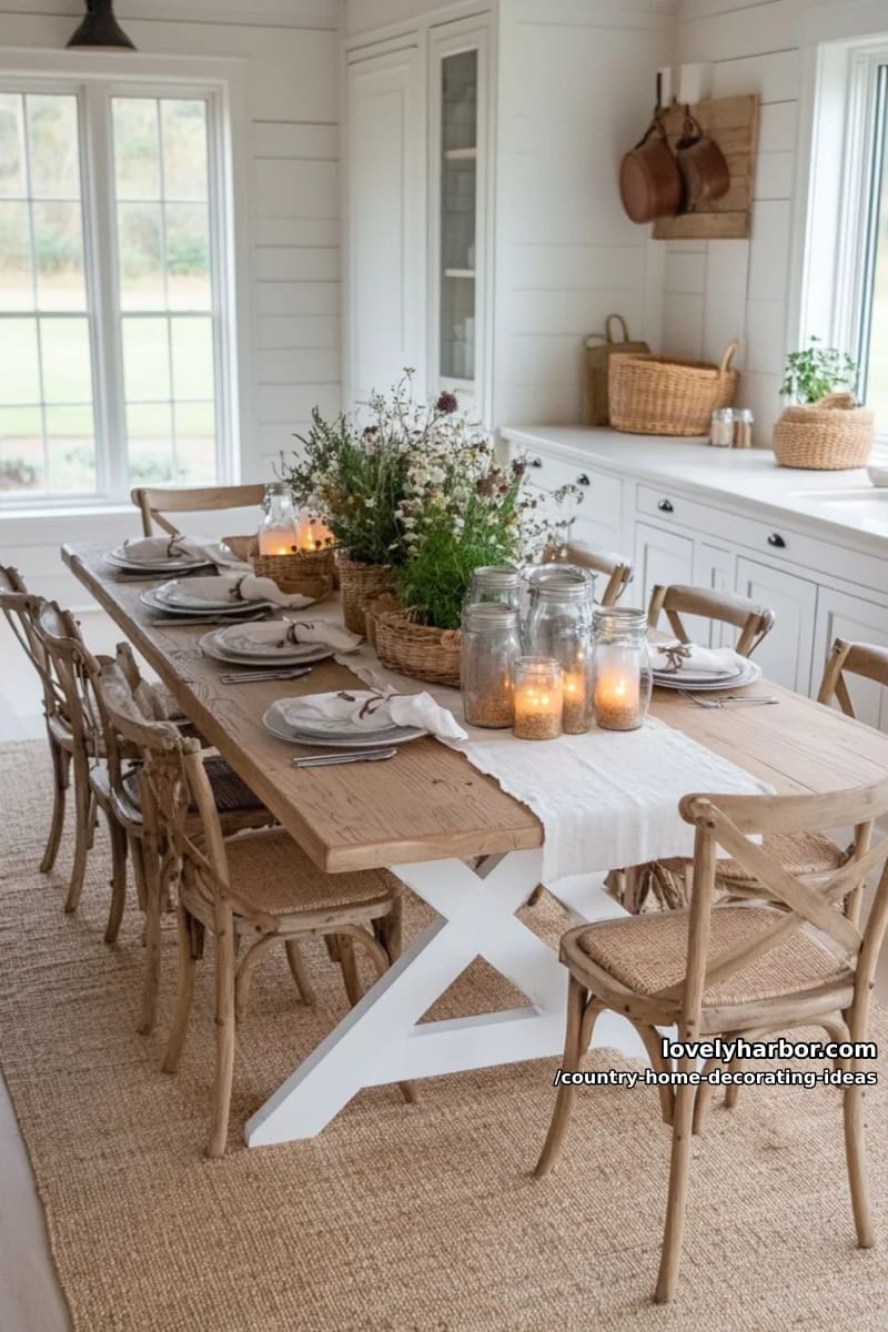 style a dining table with burlap runners and mason jar candle centerpieces. 1