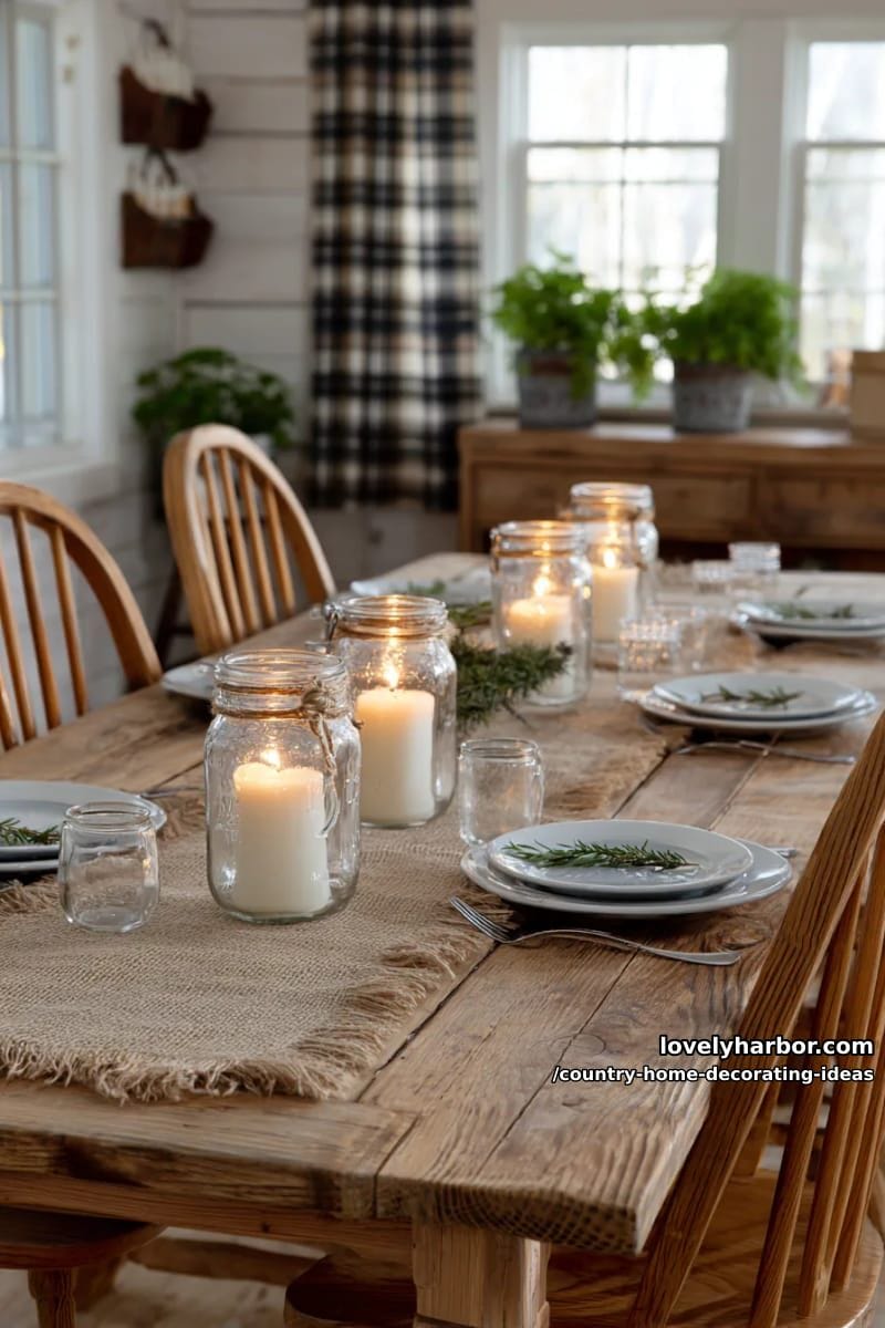 style a dining table with burlap runners and mason jar candle centerpieces. 1
