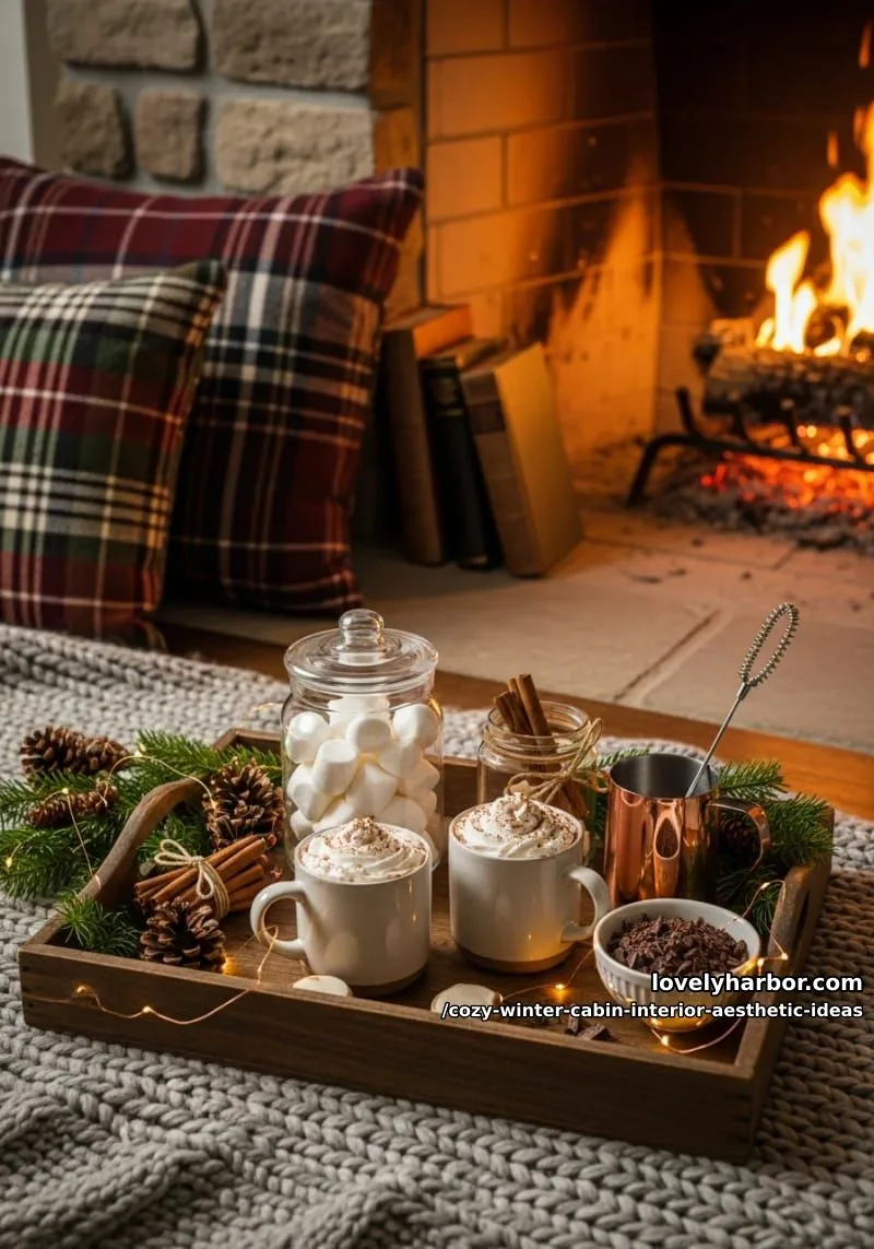 15 Cozy Winter Cabin Interior Ideas for an Aesthetic Retreat 17 style a hot cocoa bar on a vintage wooden tray beside a roaring fire. 1