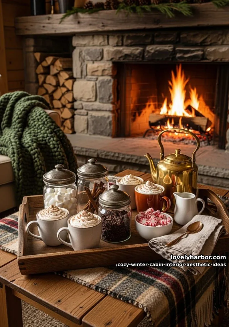 15 Cozy Winter Cabin Interior Ideas for an Aesthetic Retreat 18 style a hot cocoa bar on a vintage wooden tray beside a roaring fire. 1