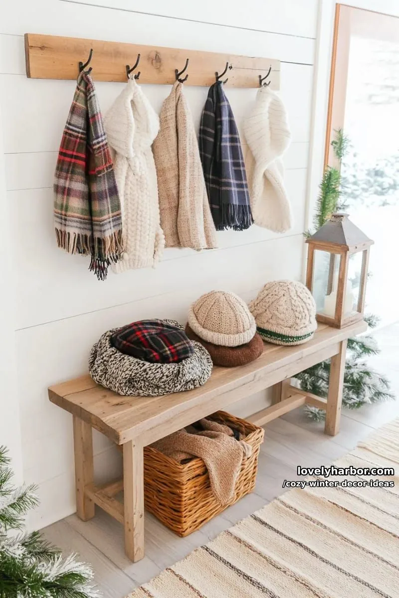 15 Winter Decor Ideas for a Cozy Home Retreat 30 style a welcoming entry bench with plaid scarves and chunky knit hats. 1