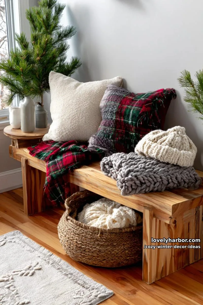 15 Winter Decor Ideas for a Cozy Home Retreat 32 style a welcoming entry bench with plaid scarves and chunky knit hats. 1