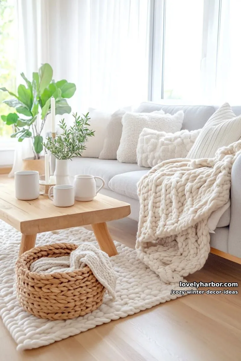 15 Winter Decor Ideas for a Cozy Home Retreat 4 style chunky knit blankets over neutral sofas for a scandinavian hygge vibe. 1