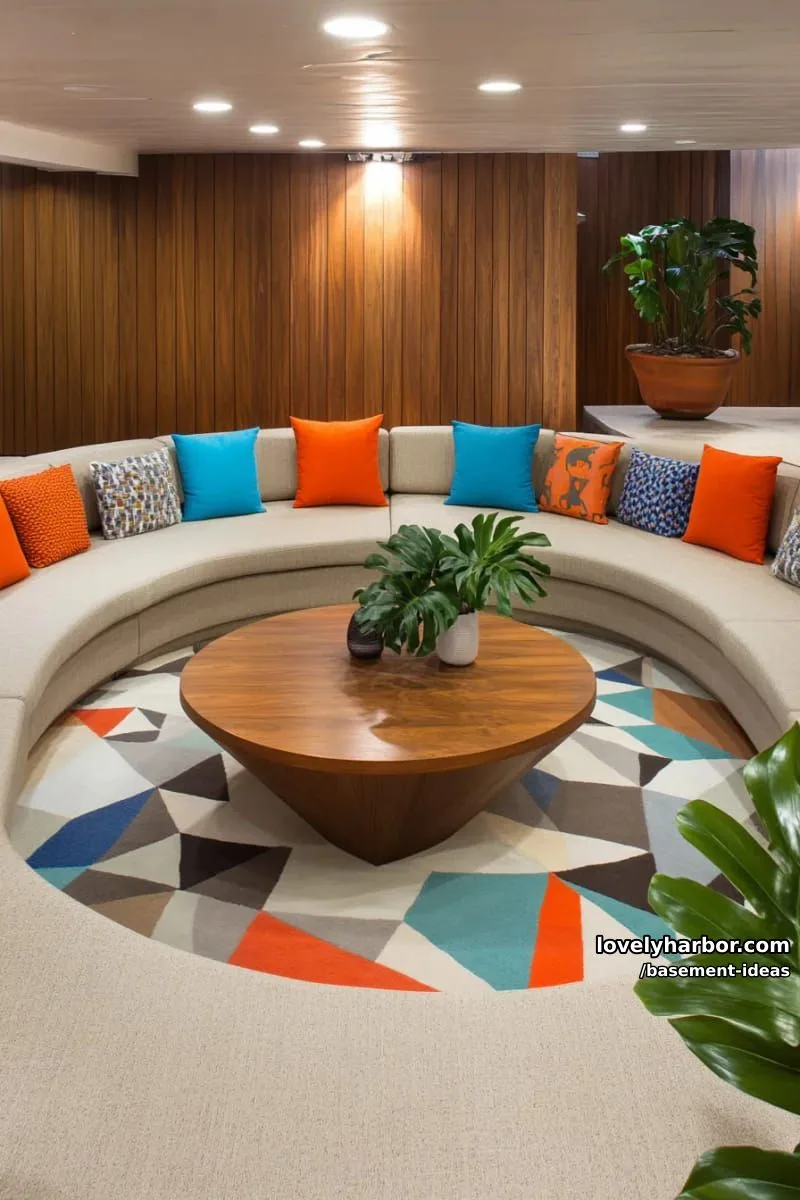 15 Creative Basement Design Ideas with Wow Factor 32 sunken conversation pit with mid-century sofas and oversized throw pillows. 1