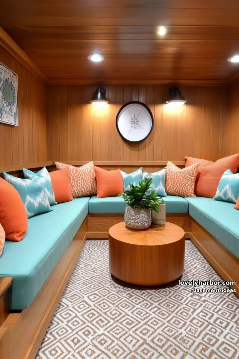 15 Creative Basement Design Ideas with Wow Factor 33 sunken conversation pit with mid-century sofas and oversized throw pillows. 1
