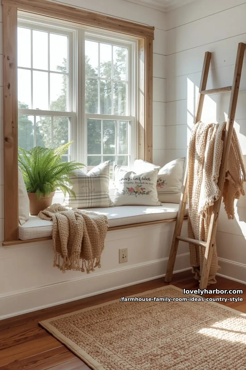 sunlit window seat surrounded by farmhouse throw pillows and woven blanket ladder 1