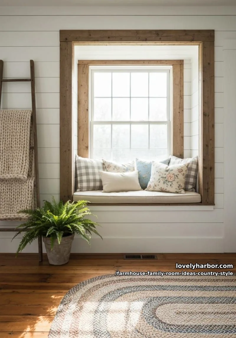 sunlit window seat surrounded by farmhouse throw pillows and woven blanket ladder 1