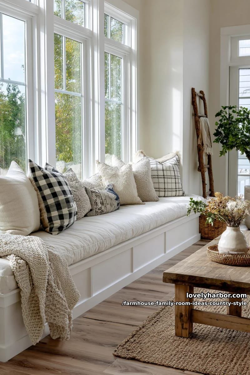 sunlit window seat surrounded by farmhouse throw pillows and woven blanket ladder 1