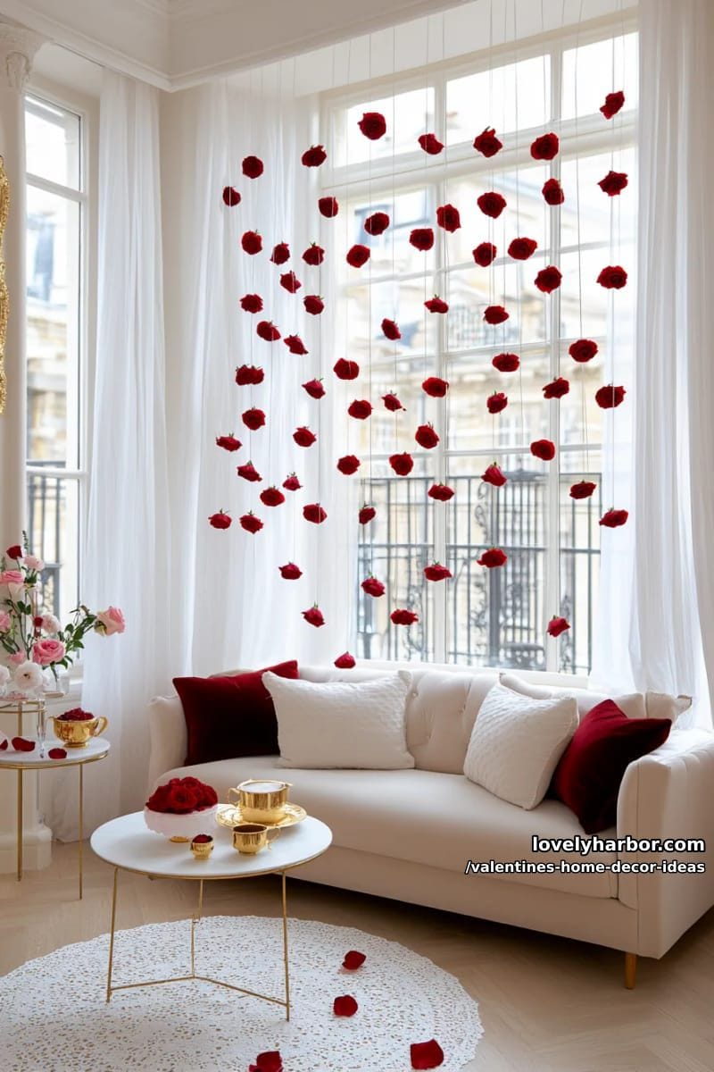 suspended single red roses with invisible thread for a poetic wall installation 1