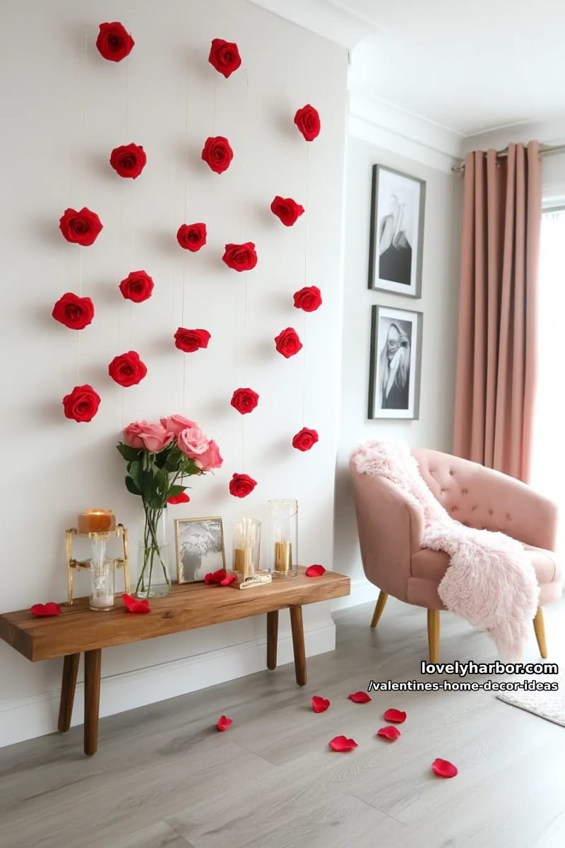 suspended single red roses with invisible thread for a poetic wall installation 1