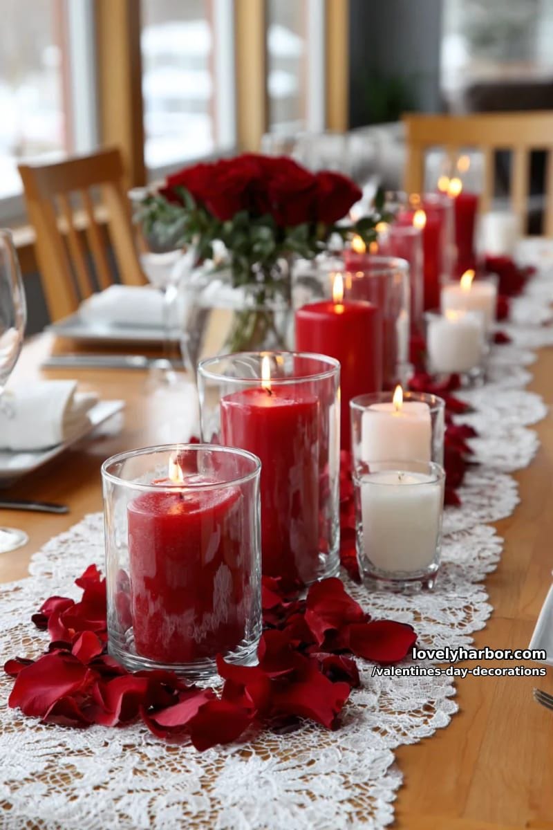 tablescape with red candles, rose petals, and lace runner 1