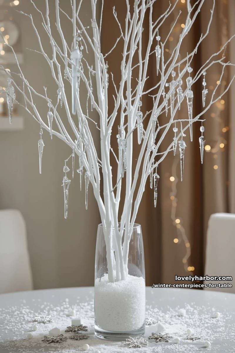 tall branches painted white, decorated with hanging icicle ornaments 1