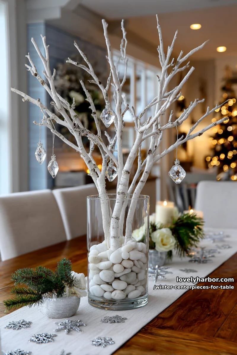 tall branches painted white, decorated with hanging icicle ornaments 1